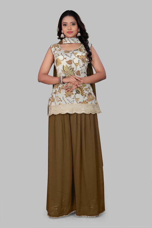 Women’s Ethnic Floral Sleeveless Kurti with Wide Leg Palazzo Pants | Indian Wedding Wear Sharara Suit | 3-Piece Festive Outfit with Dupatta