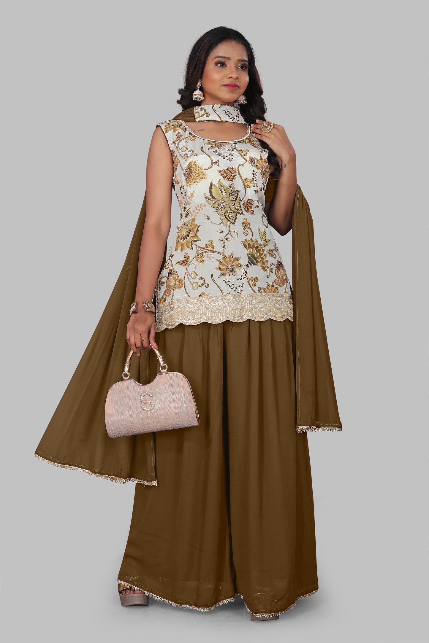 Women’s Ethnic Floral Sleeveless Kurti with Wide Leg Palazzo Pants | Indian Wedding Wear Sharara Suit | 3-Piece Festive Outfit with Dupatta