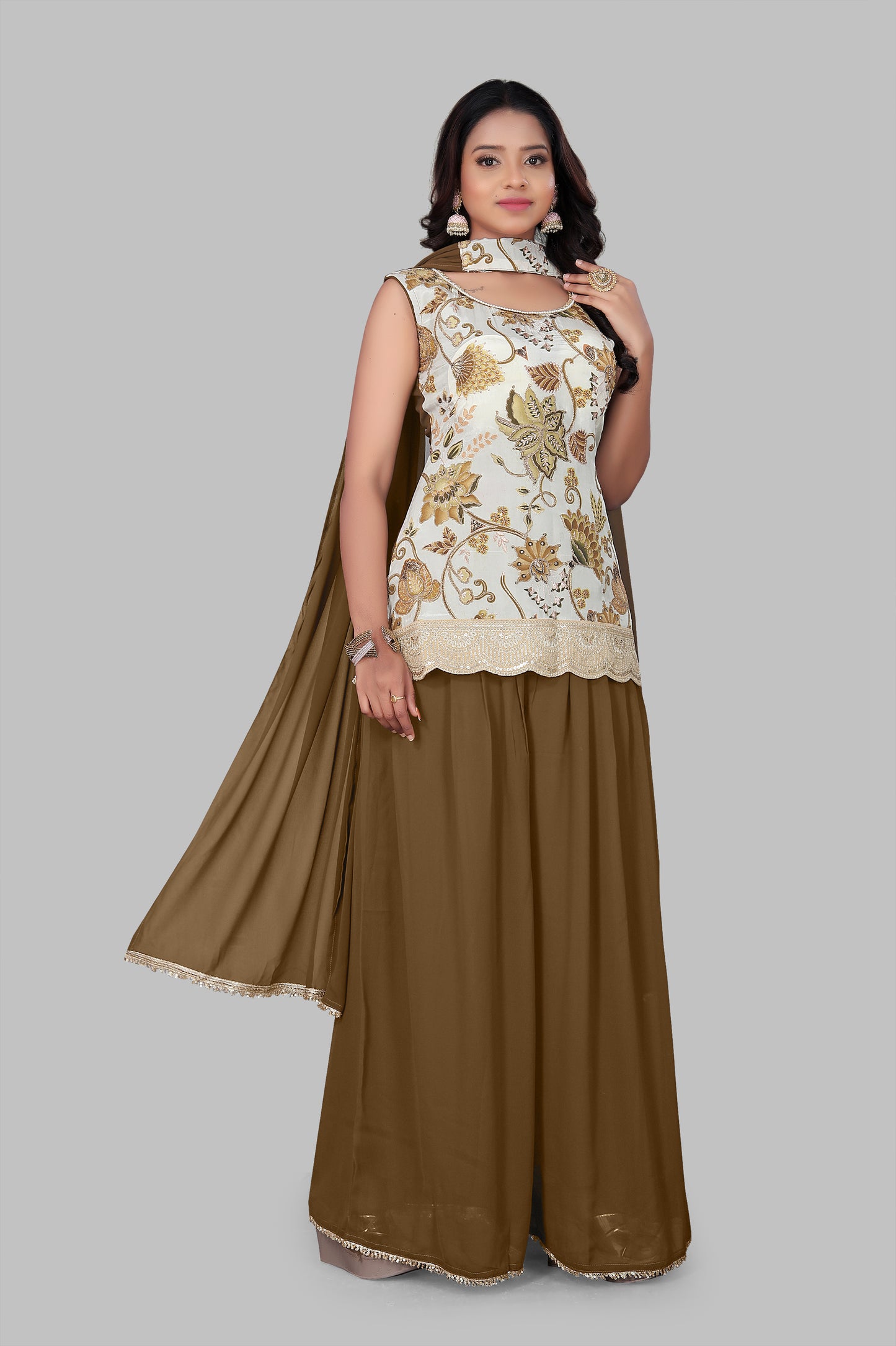 Women’s Ethnic Floral Sleeveless Kurti with Wide Leg Palazzo Pants | Indian Wedding Wear Sharara Suit | 3-Piece Festive Outfit with Dupatta