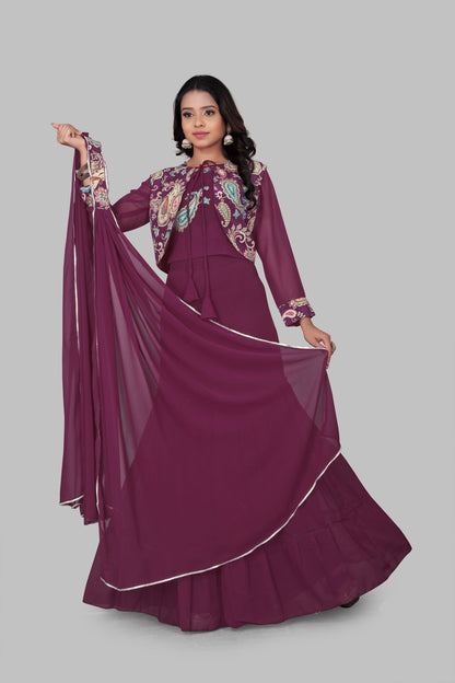 Women’s Plum Purple 3-Piece Indo-Western Suit | Floor Length Gown with Paisley Print Shrug Jacket | Festive Wedding Party Wear Anarkali Dress