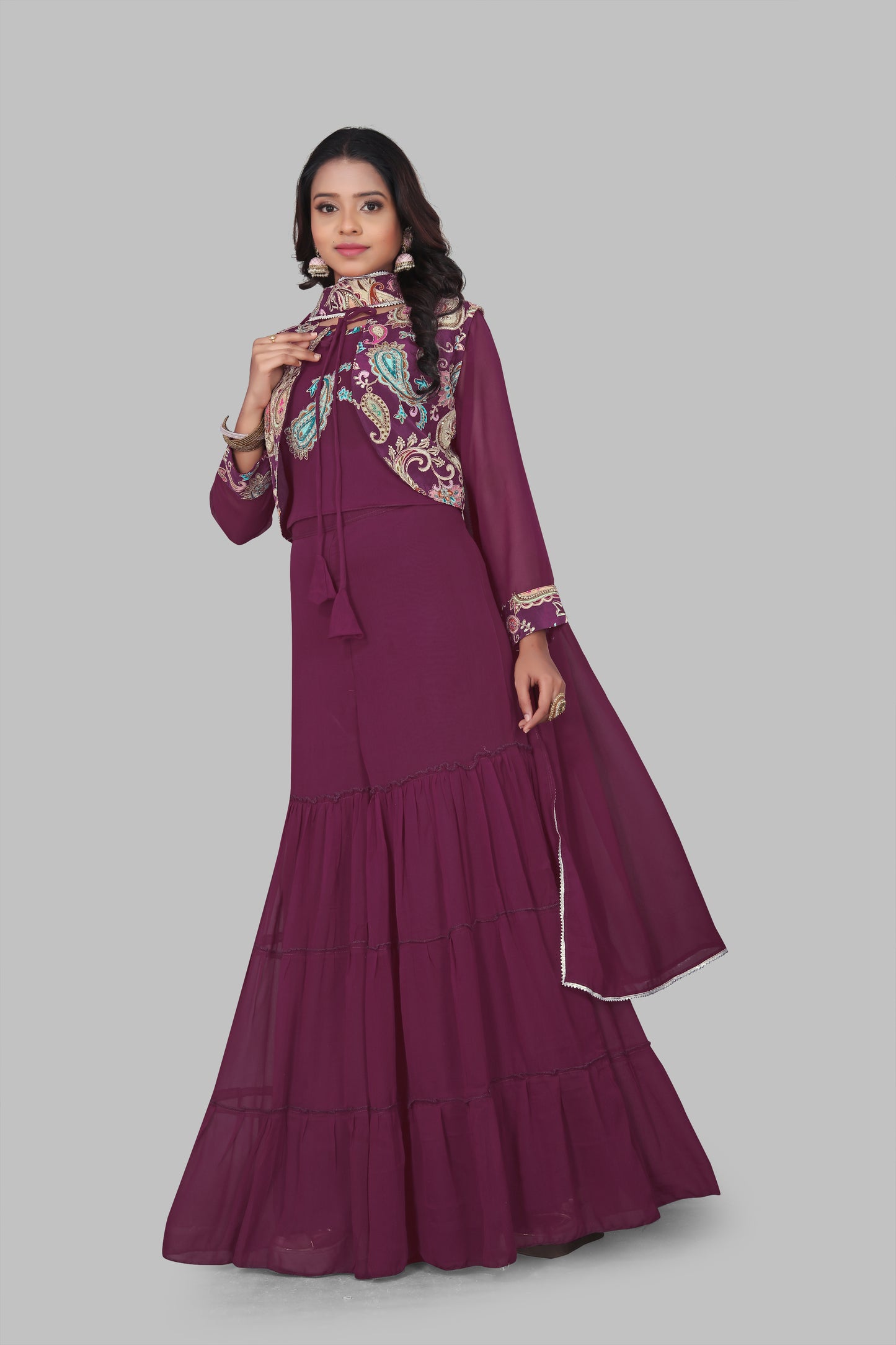 Women’s Plum Purple 3-Piece Indo-Western Suit | Floor Length Gown with Paisley Print Shrug Jacket | Festive Wedding Party Wear Anarkali Dress