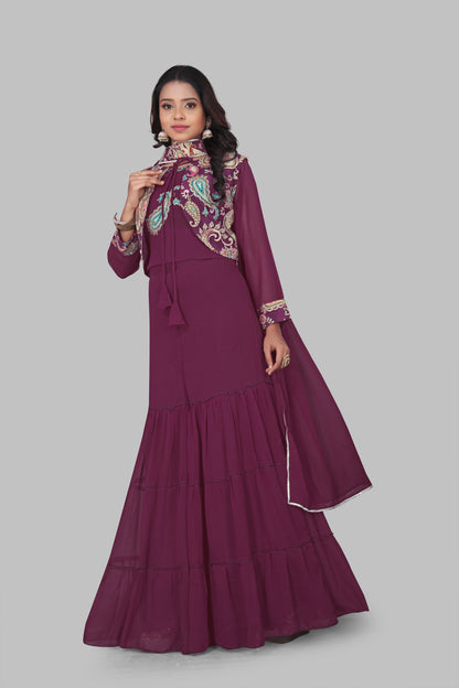 Women’s Plum Purple 3-Piece Indo-Western Suit | Floor Length Gown with Paisley Print Shrug Jacket | Festive Wedding Party Wear Anarkali Dress