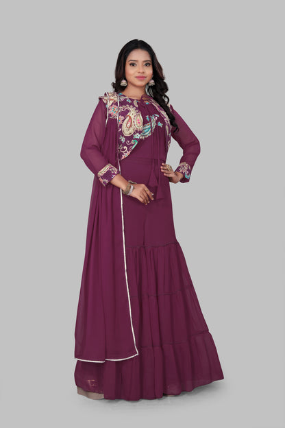 Women’s Plum Purple 3-Piece Indo-Western Suit | Floor Length Gown with Paisley Print Shrug Jacket | Festive Wedding Party Wear Anarkali Dress