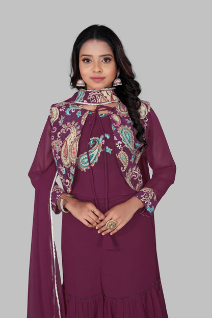 Women’s Plum Purple 3-Piece Indo-Western Suit | Floor Length Gown with Paisley Print Shrug Jacket | Festive Wedding Party Wear Anarkali Dress