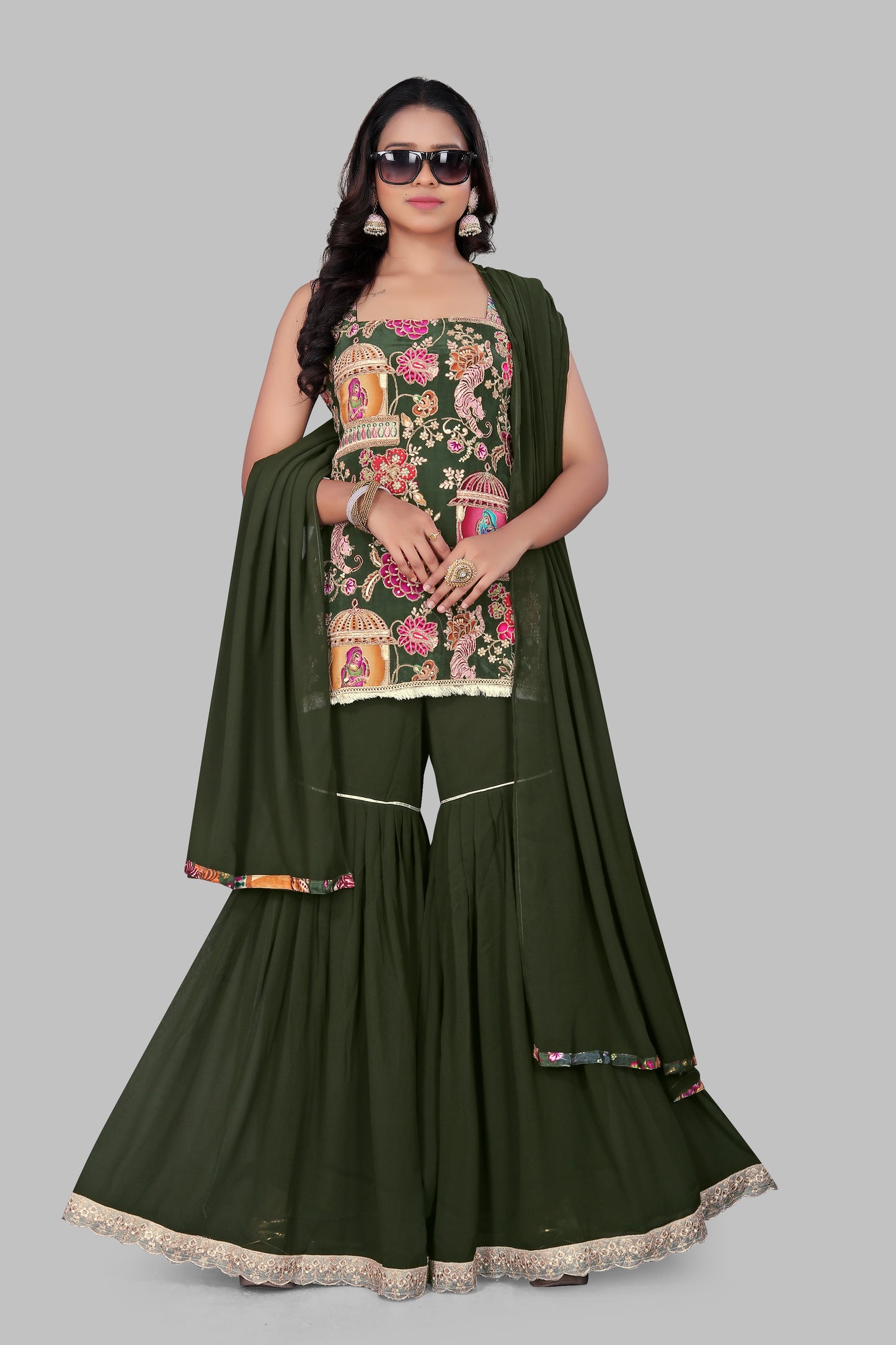 Women’s Dark Green Ethnic Sharara Set | Pichwai Style Floral Printed sleeveless Kurta | Festive Wedding Wear Gharara Suit | 3-Piece Georgette Party Outfit