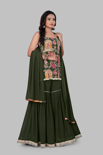 Women’s Dark Green Ethnic Sharara Set | Pichwai Style Floral Printed sleeveless Kurta | Festive Wedding Wear Gharara Suit | 3-Piece Georgette Party Outfit