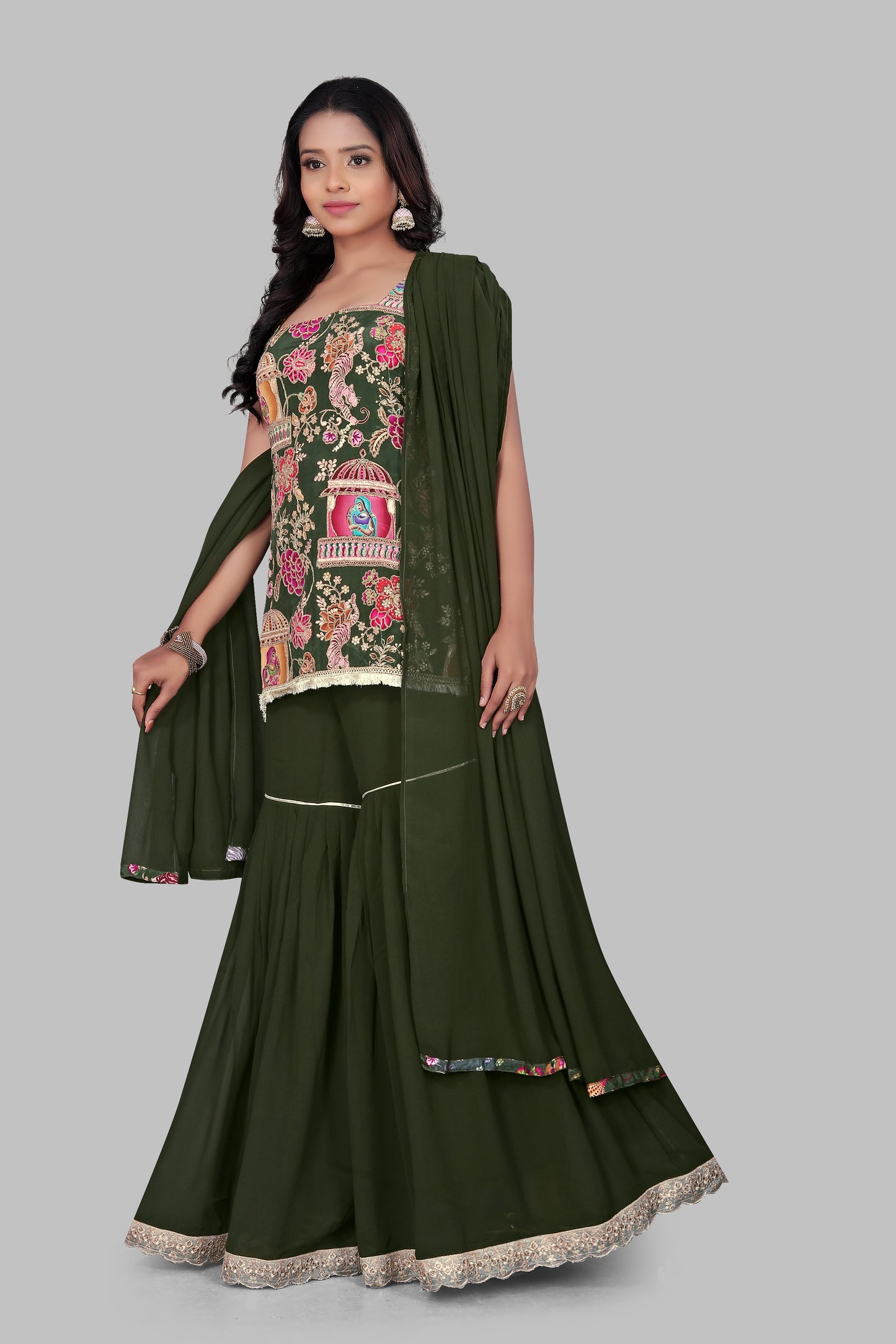 Women’s Dark Green Ethnic Sharara Set | Pichwai Style Floral Printed sleeveless Kurta | Festive Wedding Wear Gharara Suit | 3-Piece Georgette Party Outfit