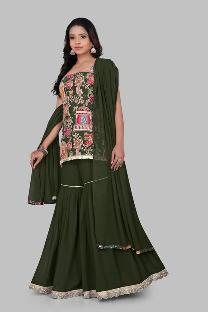 Women’s Dark Green Ethnic Sharara Set | Pichwai Style Floral Printed sleeveless Kurta | Festive Wedding Wear Gharara Suit | 3-Piece Georgette Party Outfit