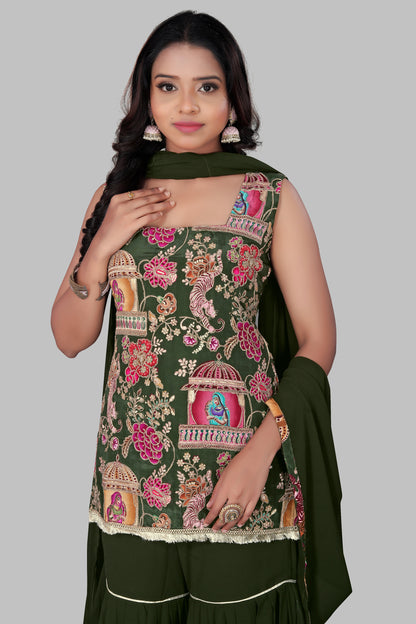 Women’s Dark Green Ethnic Sharara Set | Pichwai Style Floral Printed sleeveless Kurta | Festive Wedding Wear Gharara Suit | 3-Piece Georgette Party Outfit