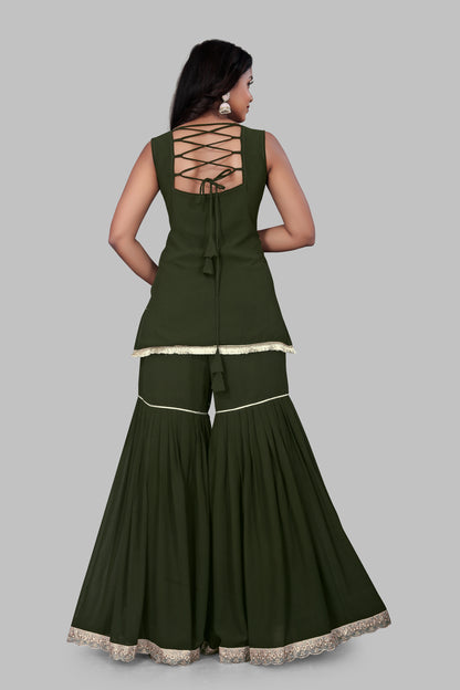 Women’s Dark Green Ethnic Sharara Set | Pichwai Style Floral Printed sleeveless Kurta | Festive Wedding Wear Gharara Suit | 3-Piece Georgette Party Outfit