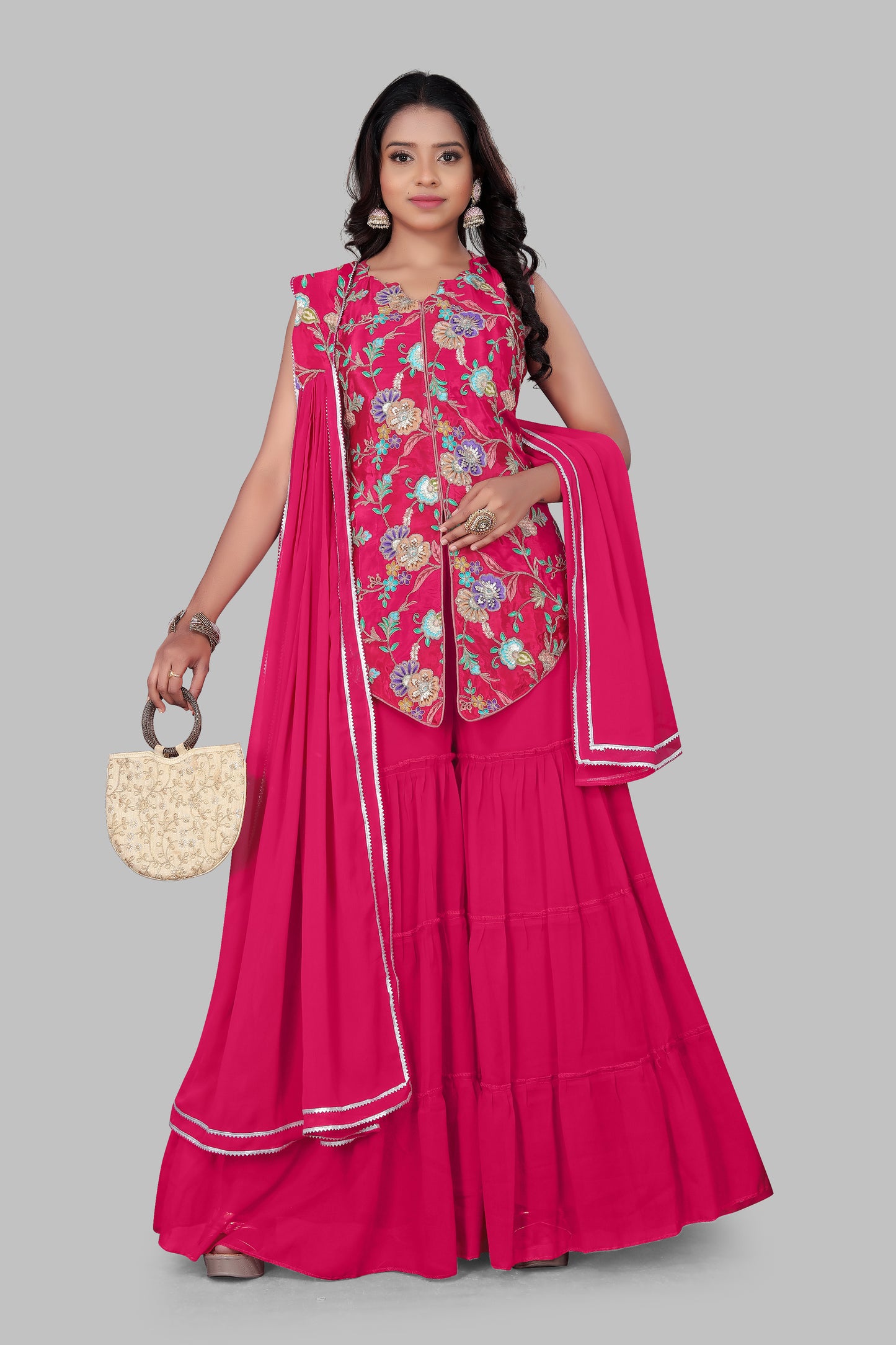 Women’s Hot Pink 3-Piece Sharara Suit | Embroidered Sleeveless Peplum Kurta with Flared Tiered Bottoms | Indian Wedding Party Wear Georgette Dress with Dupatta