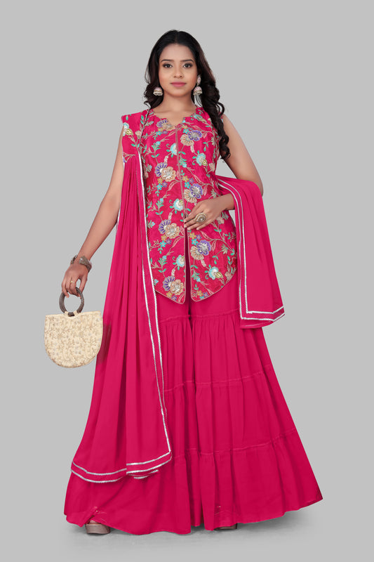 Women’s Hot Pink 3-Piece Sharara Suit | Embroidered Sleeveless Peplum Kurta with Flared Tiered Bottoms | Indian Wedding Party Wear Georgette Dress with Dupatta