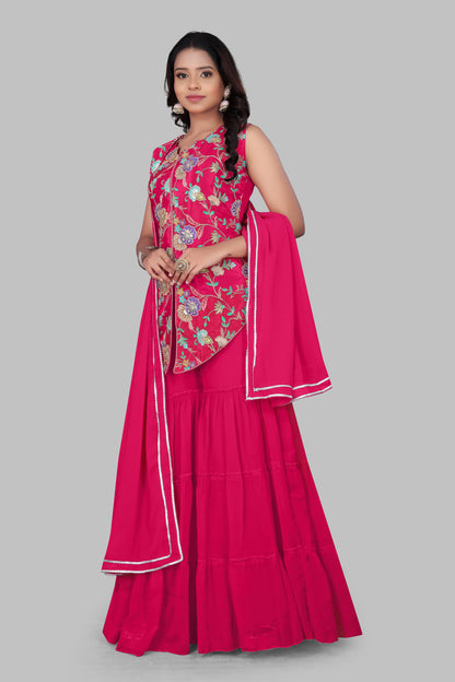 Women’s Hot Pink 3-Piece Sharara Suit | Embroidered Sleeveless Peplum Kurta with Flared Tiered Bottoms | Indian Wedding Party Wear Georgette Dress with Dupatta