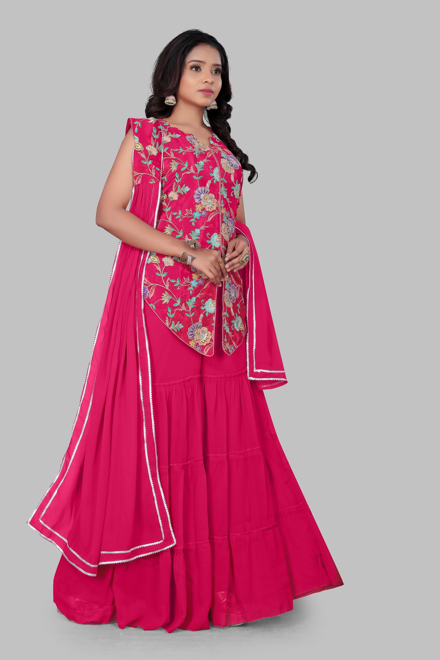 Women’s Hot Pink 3-Piece Sharara Suit | Embroidered Sleeveless Peplum Kurta with Flared Tiered Bottoms | Indian Wedding Party Wear Georgette Dress with Dupatta