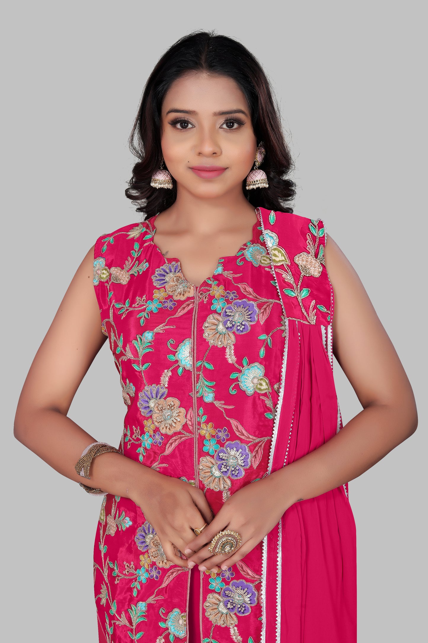 Women’s Hot Pink 3-Piece Sharara Suit | Embroidered Sleeveless Peplum Kurta with Flared Tiered Bottoms | Indian Wedding Party Wear Georgette Dress with Dupatta