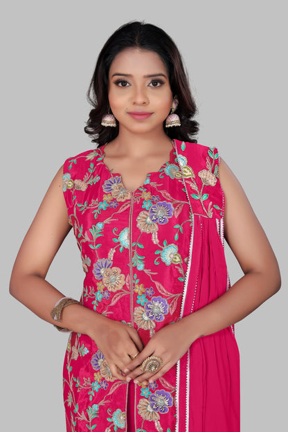 Women’s Hot Pink 3-Piece Sharara Suit | Embroidered Sleeveless Peplum Kurta with Flared Tiered Bottoms | Indian Wedding Party Wear Georgette Dress with Dupatta