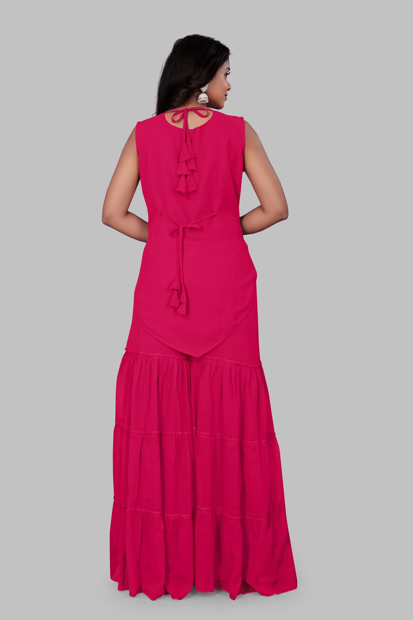 Women’s Hot Pink 3-Piece Sharara Suit | Embroidered Sleeveless Peplum Kurta with Flared Tiered Bottoms | Indian Wedding Party Wear Georgette Dress with Dupatta