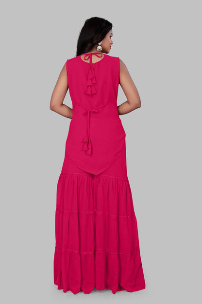 Women’s Hot Pink 3-Piece Sharara Suit | Embroidered Sleeveless Peplum Kurta with Flared Tiered Bottoms | Indian Wedding Party Wear Georgette Dress with Dupatta