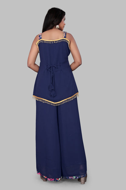 Women’s Navy Blue 3-Piece Sharara Suit | Embroidered Sleeveless Kurti with Wide Leg Palazzo | Indo-Western Wedding Guest Outfit | Georgette Festive Wear with Dupatta