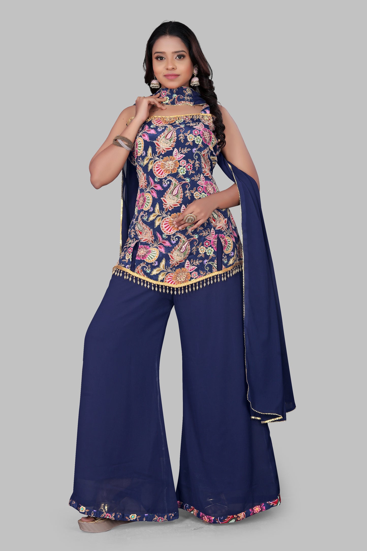 Women’s Navy Blue 3-Piece Sharara Suit | Embroidered Sleeveless Kurti with Wide Leg Palazzo | Indo-Western Wedding Guest Outfit | Georgette Festive Wear with Dupatta