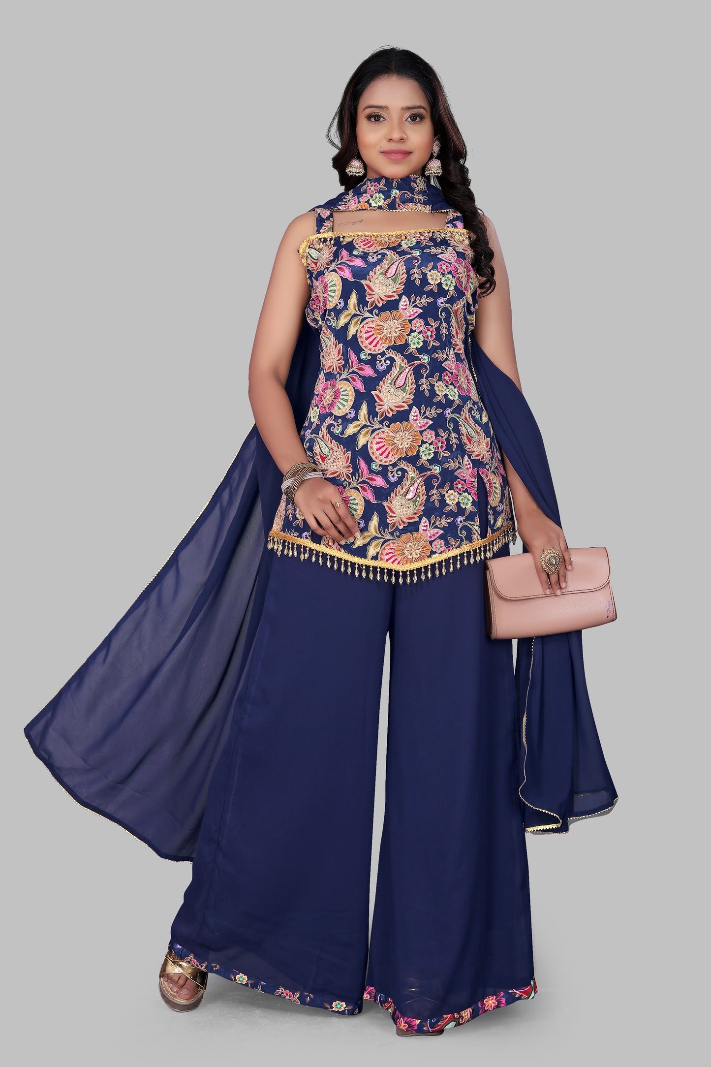 Women’s Navy Blue 3-Piece Sharara Suit | Embroidered Sleeveless Kurti with Wide Leg Palazzo | Indo-Western Wedding Guest Outfit | Georgette Festive Wear with Dupatta
