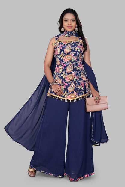 Women’s Navy Blue 3-Piece Sharara Suit | Embroidered Sleeveless Kurti with Wide Leg Palazzo | Indo-Western Wedding Guest Outfit | Georgette Festive Wear with Dupatta