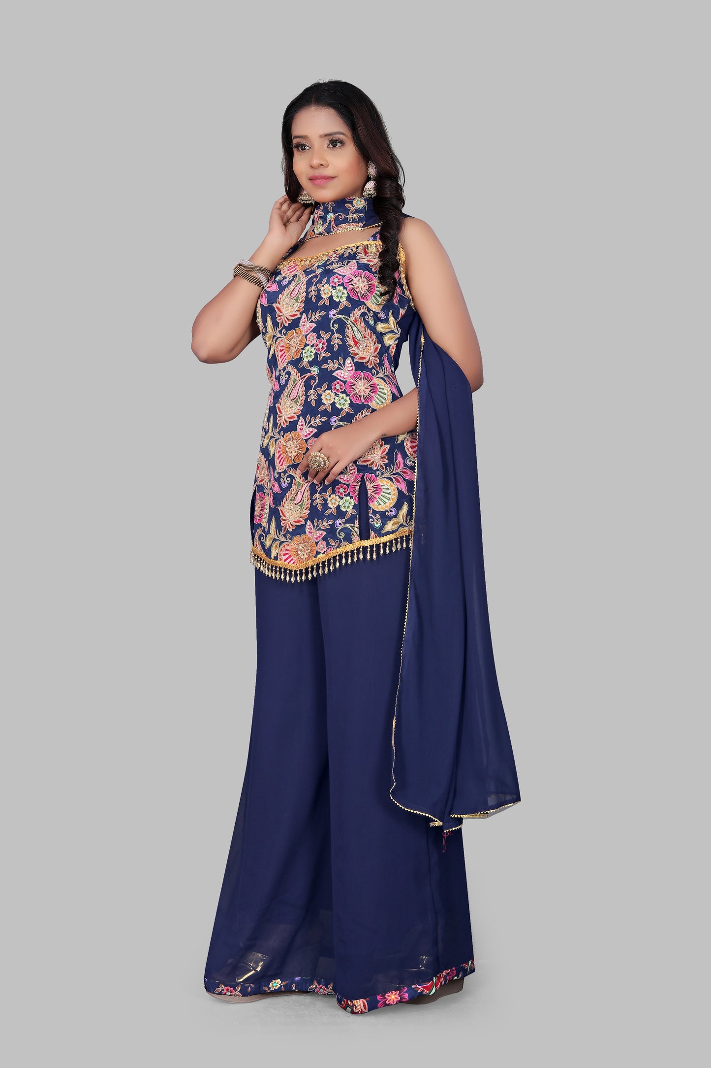 Women’s Navy Blue 3-Piece Sharara Suit | Embroidered Sleeveless Kurti with Wide Leg Palazzo | Indo-Western Wedding Guest Outfit | Georgette Festive Wear with Dupatta