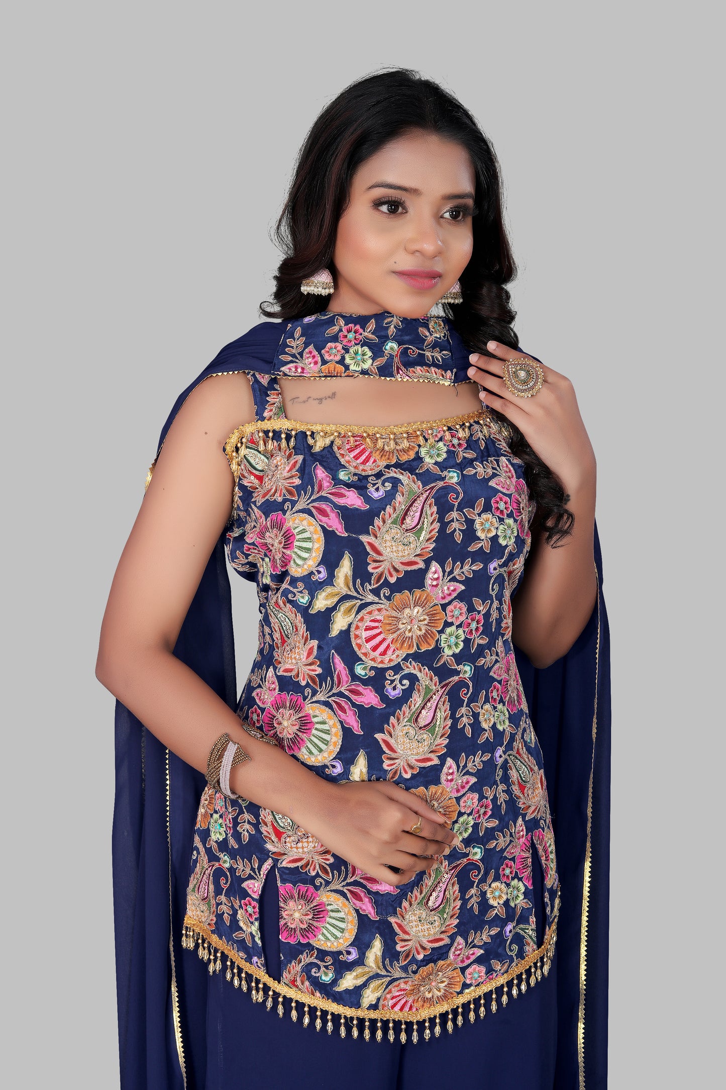 Women’s Navy Blue 3-Piece Sharara Suit | Embroidered Sleeveless Kurti with Wide Leg Palazzo | Indo-Western Wedding Guest Outfit | Georgette Festive Wear with Dupatta