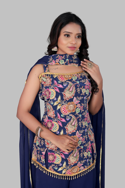 Women’s Navy Blue 3-Piece Sharara Suit | Embroidered Sleeveless Kurti with Wide Leg Palazzo | Indo-Western Wedding Guest Outfit | Georgette Festive Wear with Dupatta
