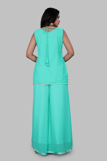 Sea Green Paisley Embroidered Sleeveless Sharara Suit with Dupatta – 3-Piece Festive Ethnic Set