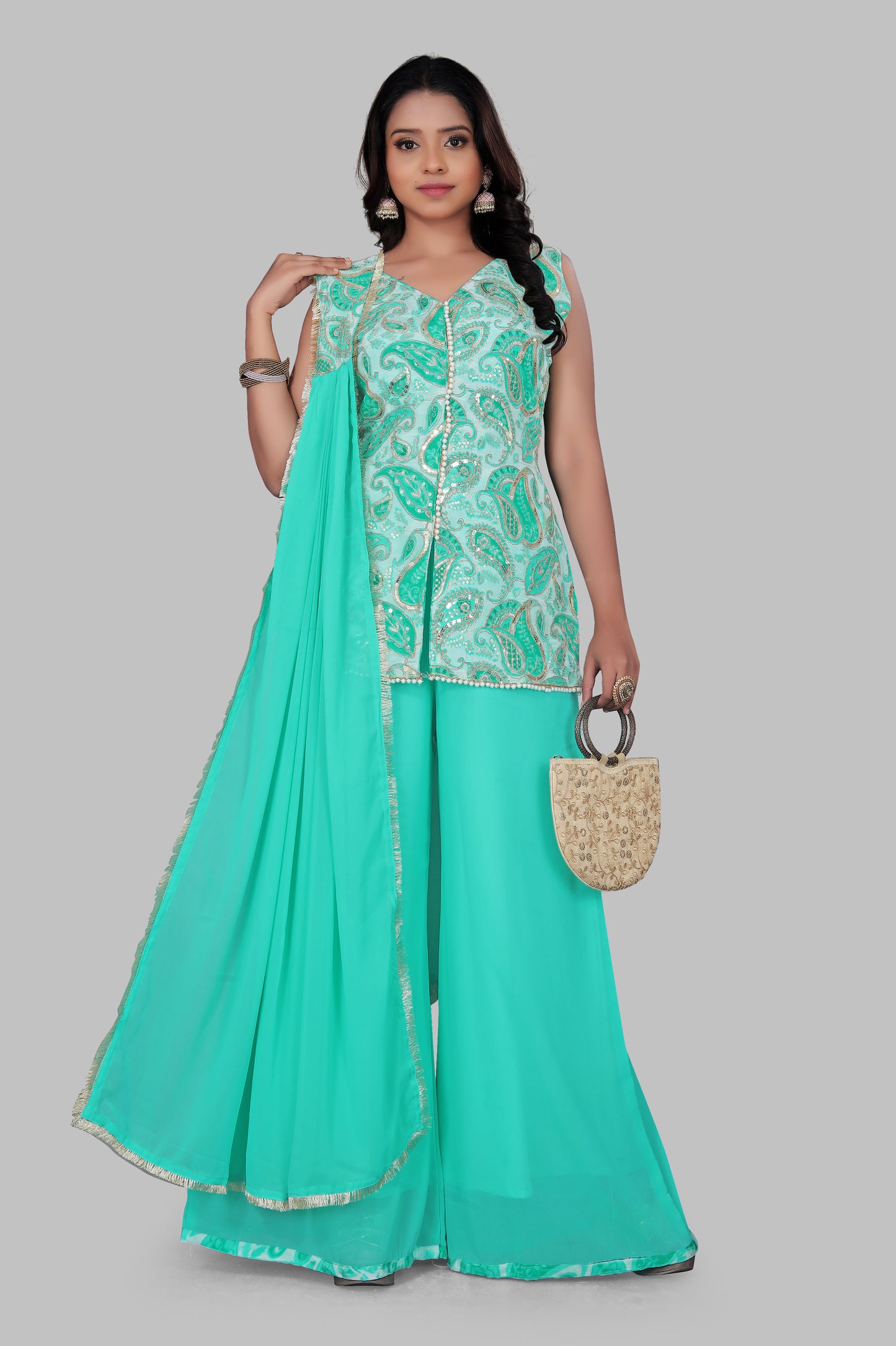 Sea Green Paisley Embroidered Sleeveless Sharara Suit with Dupatta – 3-Piece Festive Ethnic Set