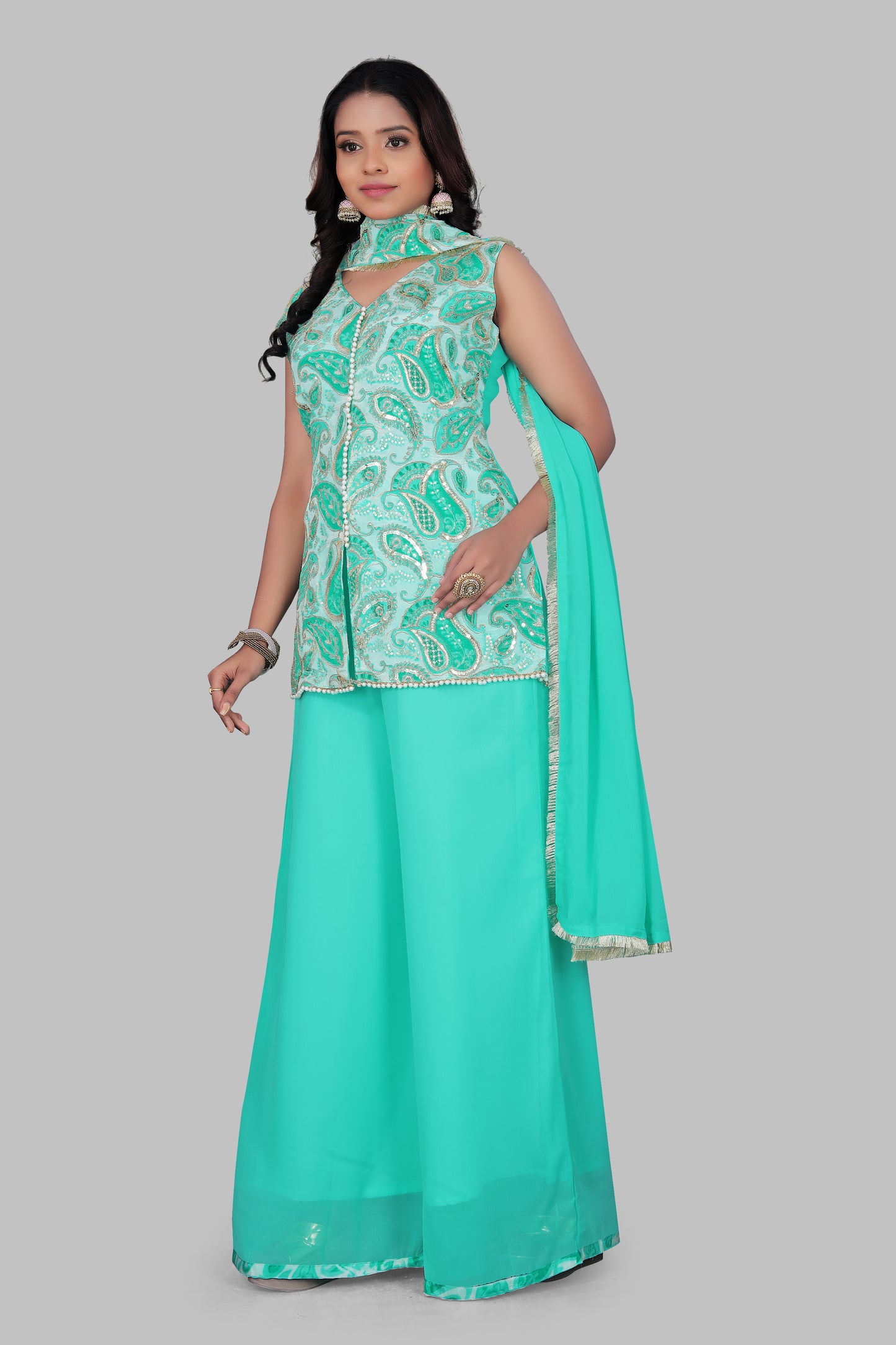 Sea Green Paisley Embroidered Sleeveless Sharara Suit with Dupatta – 3-Piece Festive Ethnic Set