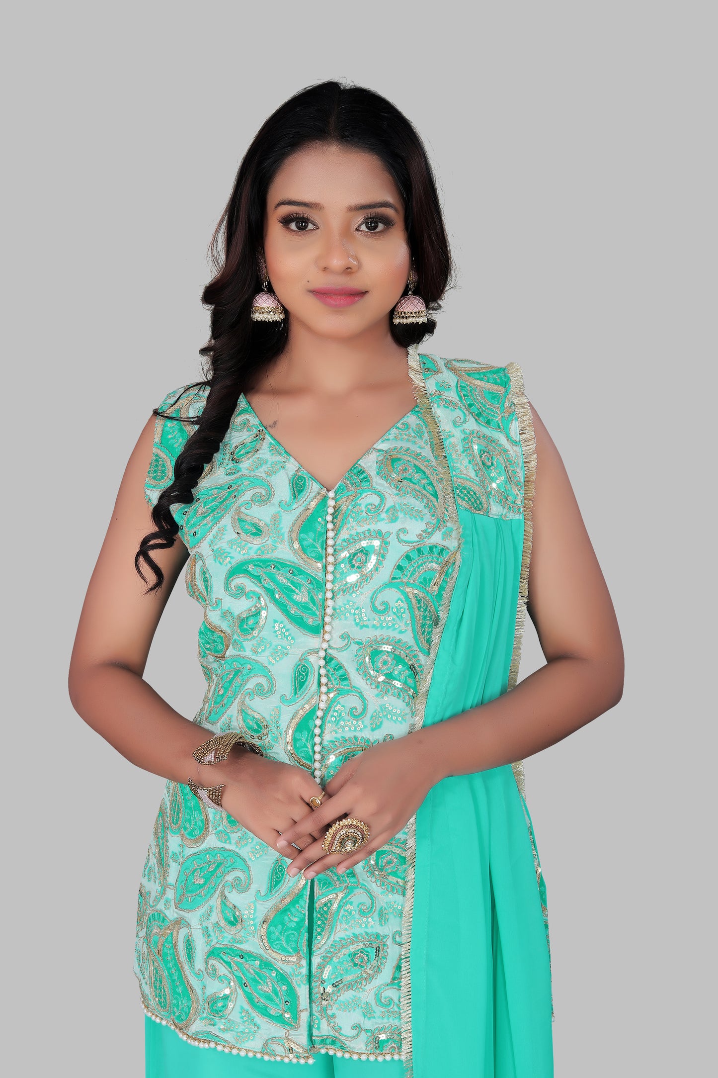 Sea Green Paisley Embroidered Sleeveless Sharara Suit with Dupatta – 3-Piece Festive Ethnic Set