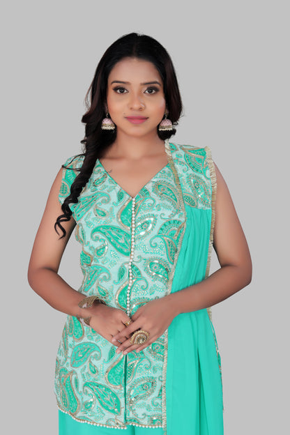 Sea Green Paisley Embroidered Sleeveless Sharara Suit with Dupatta – 3-Piece Festive Ethnic Set