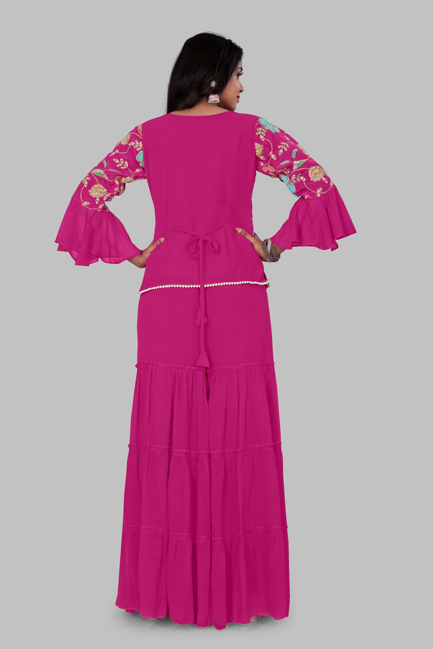 Magenta Pink Floral Embroidered Sharara Suit with Bell Sleeves – 3-Piece Festive Indian Set