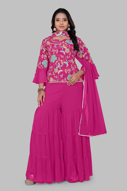 Magenta Pink Floral Embroidered Sharara Suit with Bell Sleeves – 3-Piece Festive Indian Set