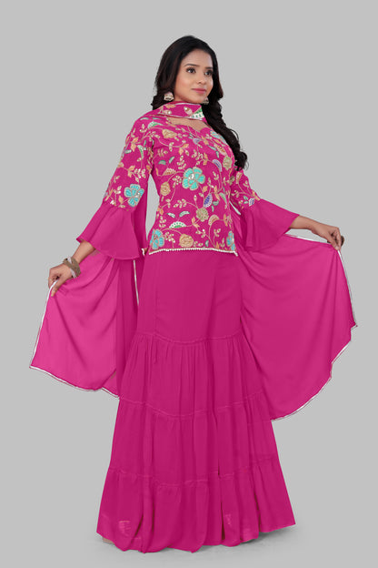 Magenta Pink Floral Embroidered Sharara Suit with Bell Sleeves – 3-Piece Festive Indian Set