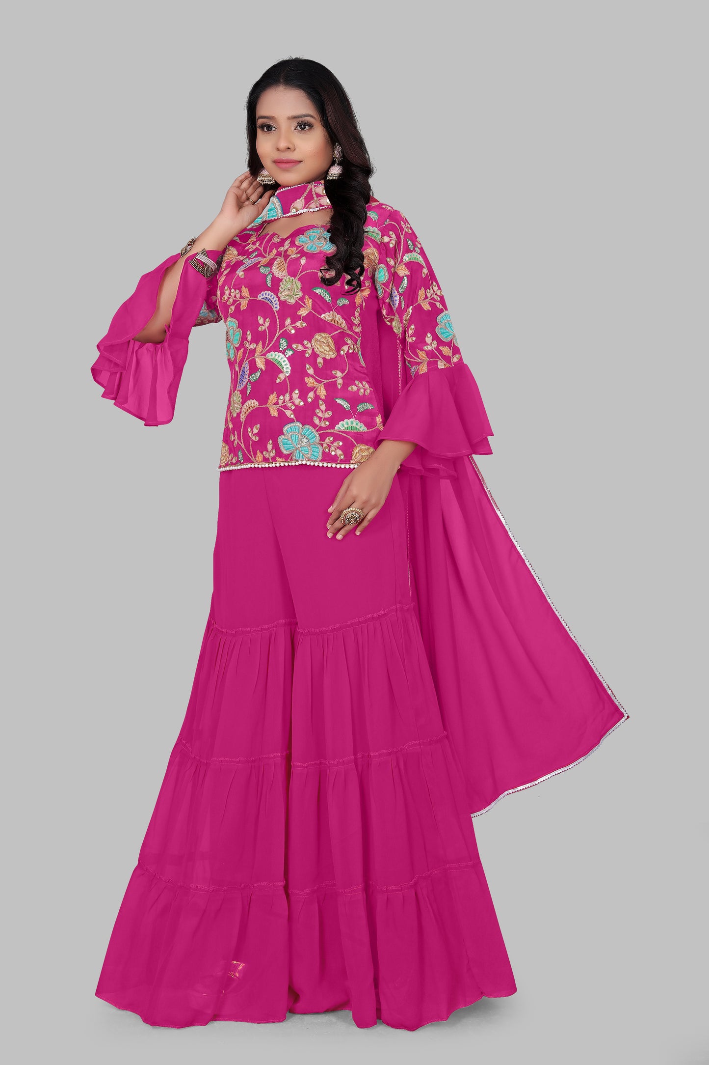 Magenta Pink Floral Embroidered Sharara Suit with Bell Sleeves – 3-Piece Festive Indian Set