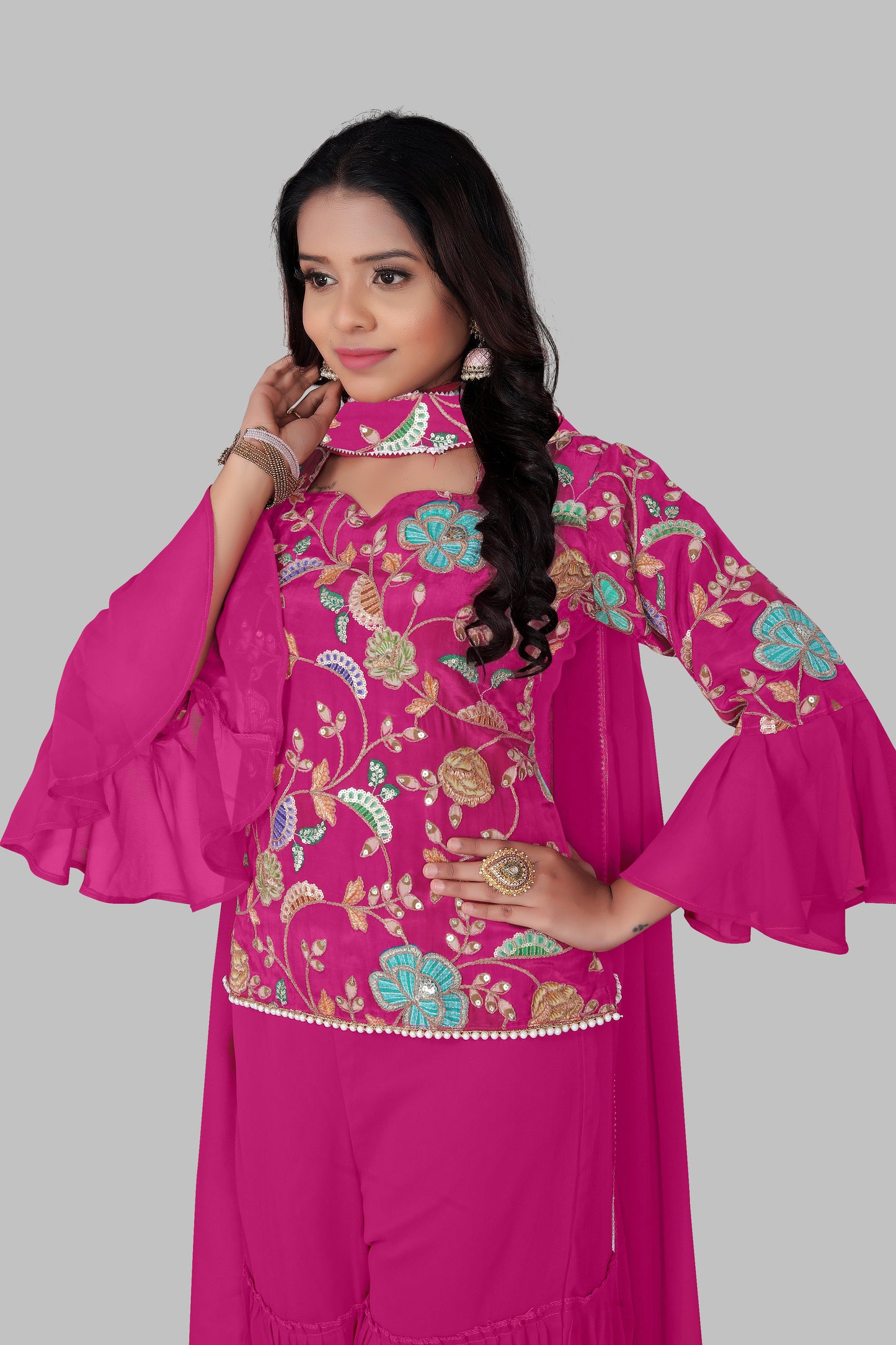 Magenta Pink Floral Embroidered Sharara Suit with Bell Sleeves – 3-Piece Festive Indian Set