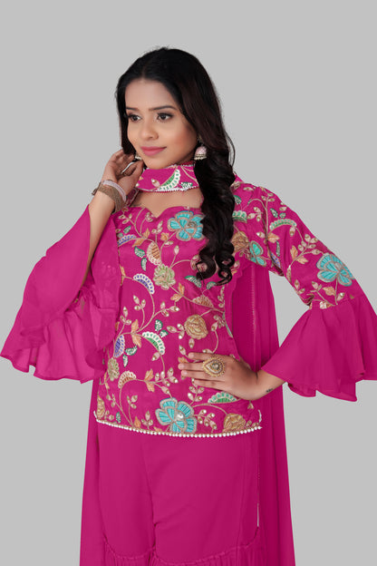 Magenta Pink Floral Embroidered Sharara Suit with Bell Sleeves – 3-Piece Festive Indian Set