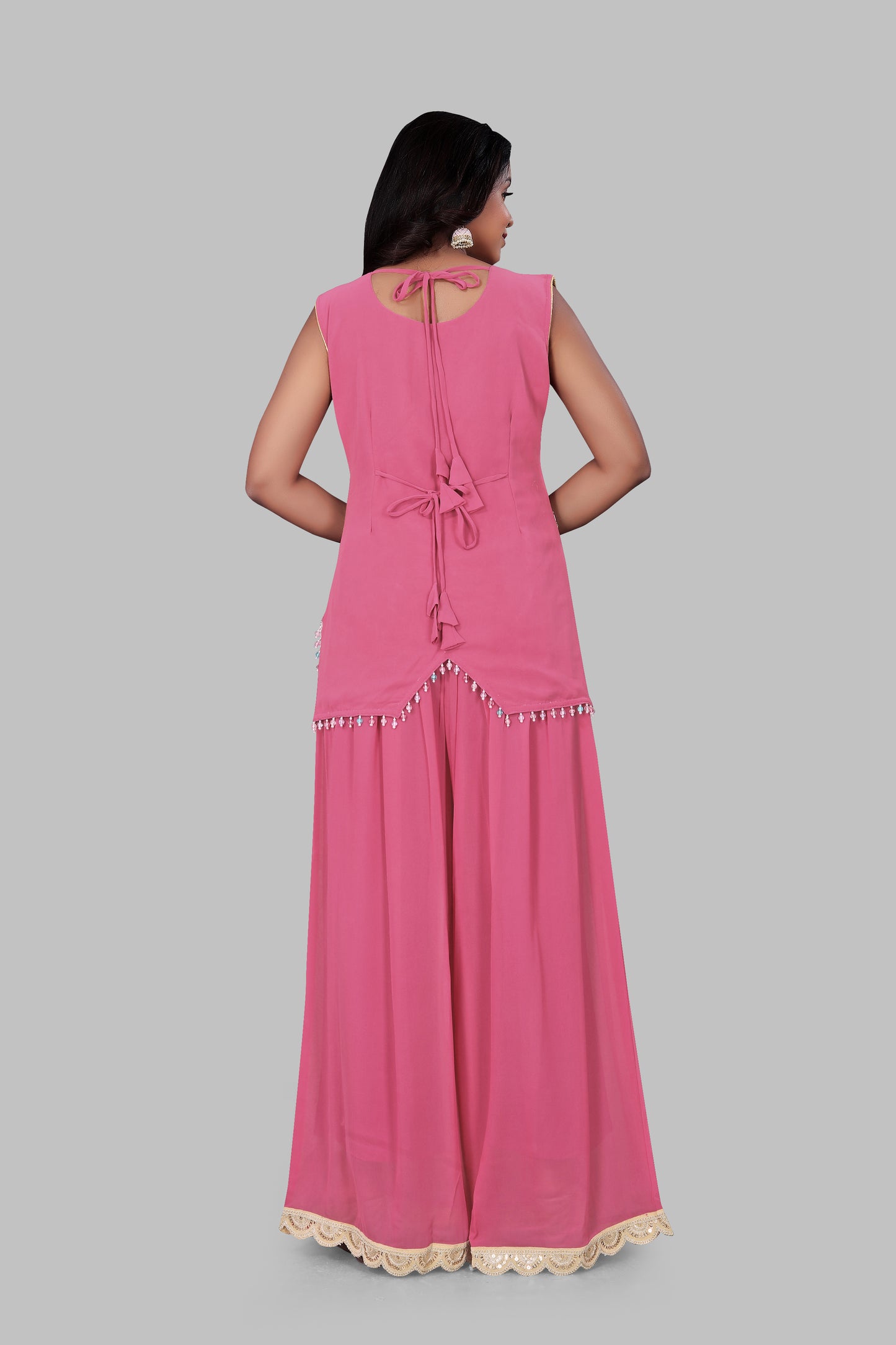 Blush Pink Floral Embroidered Sharara Set with Zig-Zag Hem – 3-Piece Sleeveless Festive Tunic and Palazzo Set