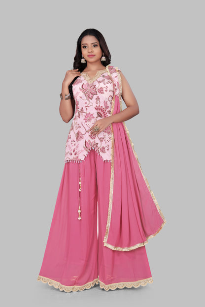 Blush Pink Floral Embroidered Sharara Set with Zig-Zag Hem – 3-Piece Sleeveless Festive Tunic and Palazzo Set