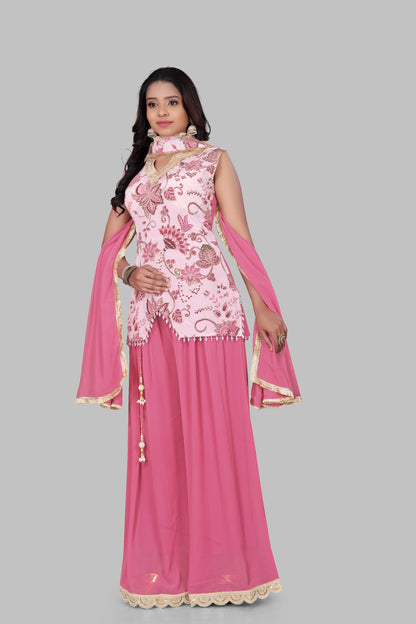 Blush Pink Floral Embroidered Sharara Set with Zig-Zag Hem – 3-Piece Sleeveless Festive Tunic and Palazzo Set
