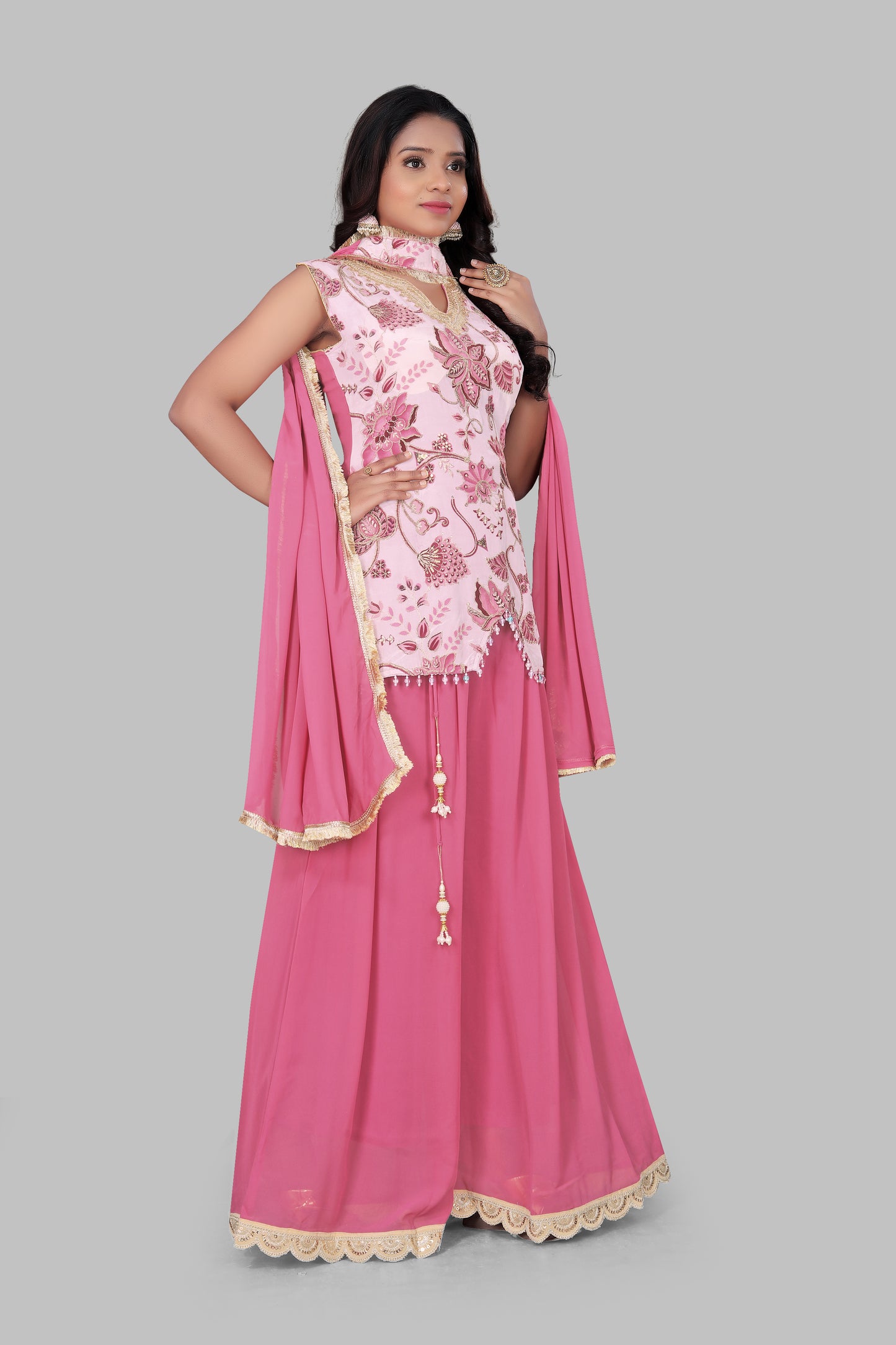 Blush Pink Floral Embroidered Sharara Set with Zig-Zag Hem – 3-Piece Sleeveless Festive Tunic and Palazzo Set