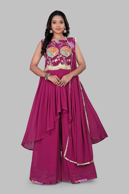 Women's Magenta Embroidered Palazzo Salwar Suit with Dupatta - Indian Ethnic Wedding Wear