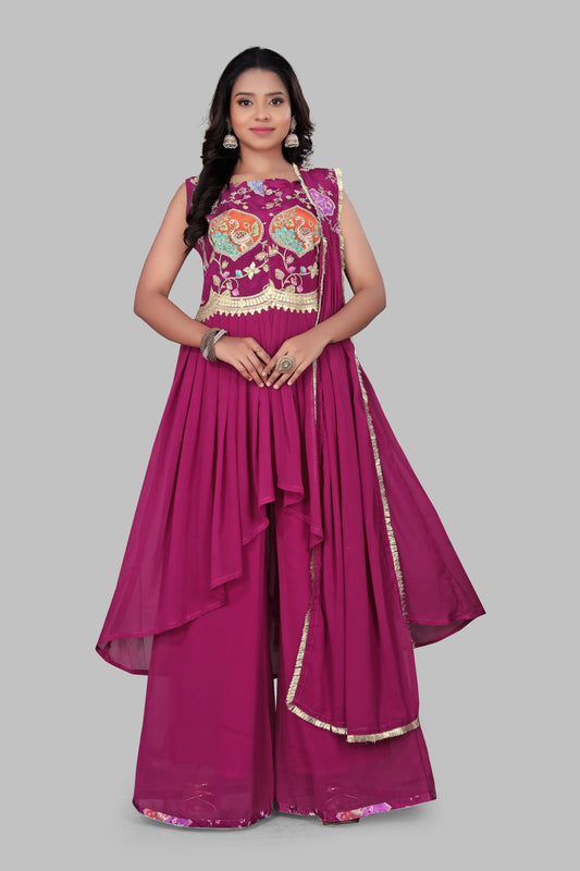 Women's Magenta Embroidered Palazzo Salwar Suit with Dupatta - Indian Ethnic Wedding Wear