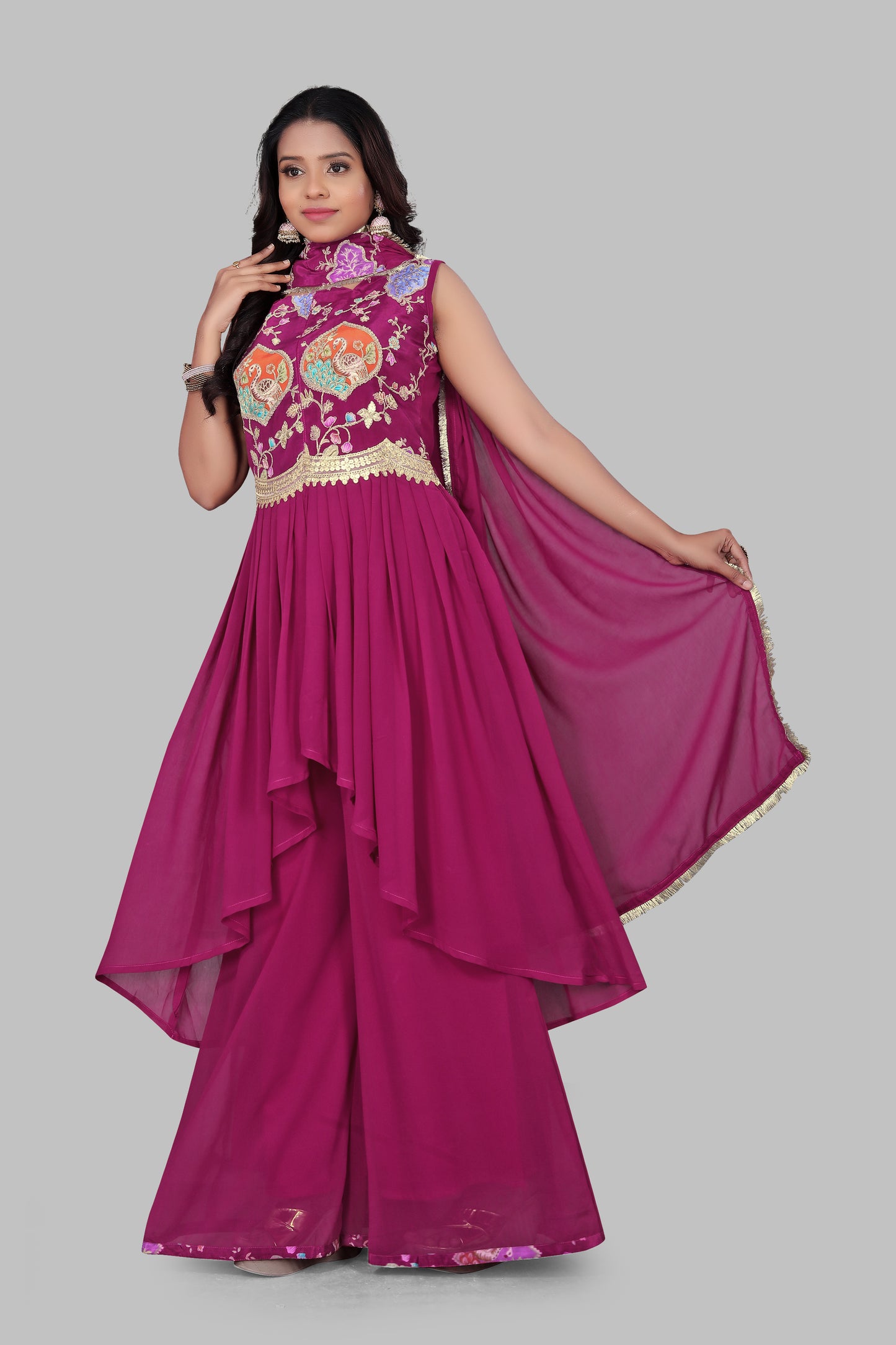 Women's Magenta Embroidered Palazzo Salwar Suit with Dupatta - Indian Ethnic Wedding Wear