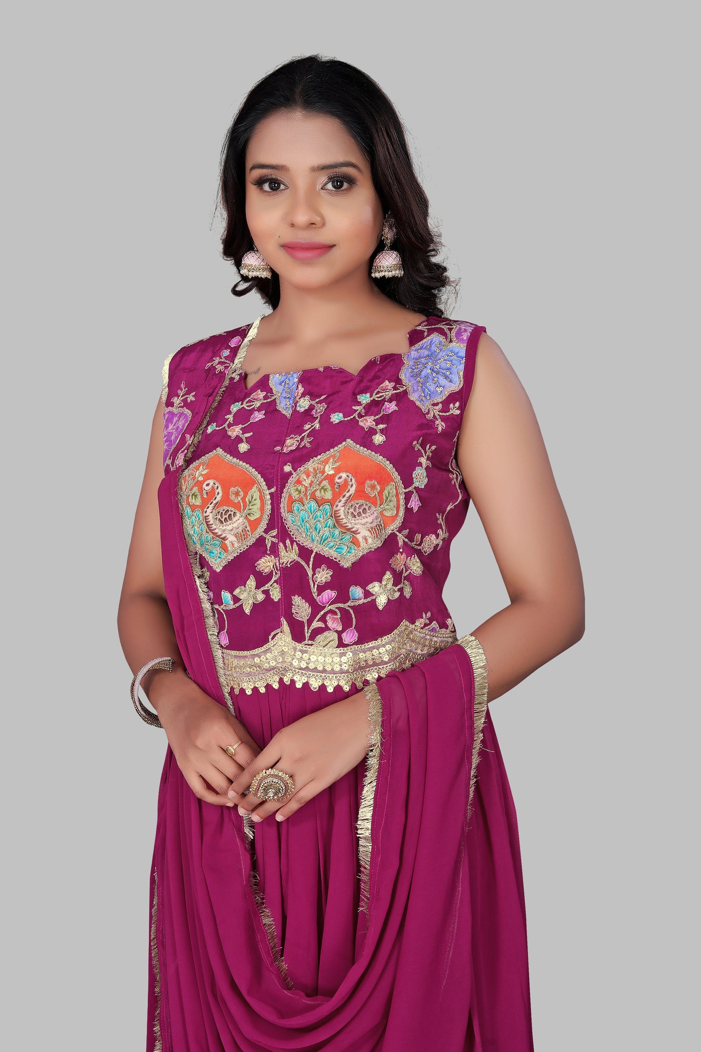 Women's Magenta Embroidered Palazzo Salwar Suit with Dupatta - Indian Ethnic Wedding Wear