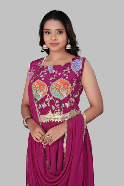 Women's Magenta Embroidered Palazzo Salwar Suit with Dupatta - Indian Ethnic Wedding Wear