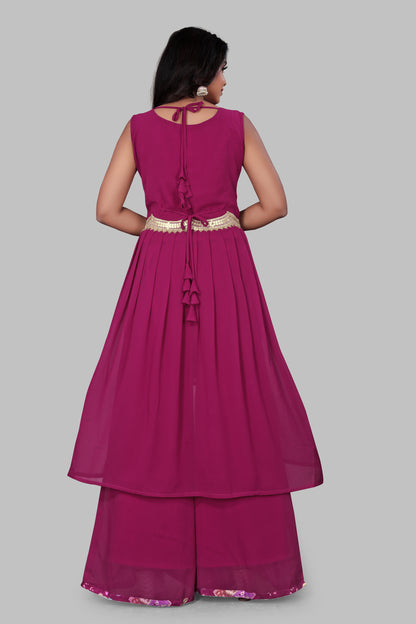 Women's Magenta Embroidered Palazzo Salwar Suit with Dupatta - Indian Ethnic Wedding Wear